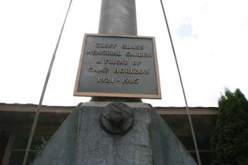 Sign reads: Cliff Glass Memorial Garden. A Friend of Camp Horizon - 1921-1985